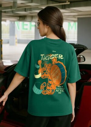 Oversized Women Printed, Typography Round Neck Pure Cotton Dark Green T-Shirt