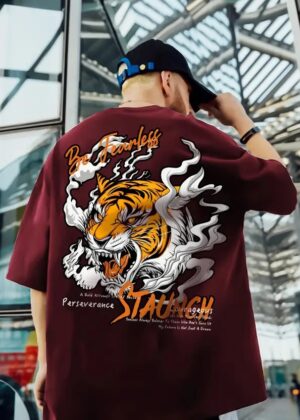 Men Printed, Typography Round Neck Cotton Blend Maroon T-Shirt