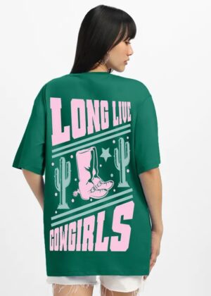 Oversized Women Printed Round Neck Pure Cotton Dark Green T-Shirt