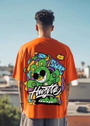 Oversized Men Printed, Typography Round Neck Pure Cotton Orange T-Shirt