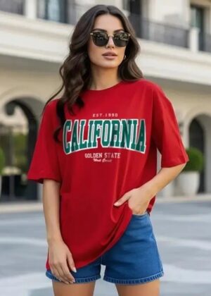 Oversized Women Printed, Typography Round Neck Pure Cotton Red T-Shirt